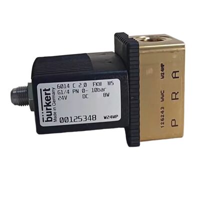 Burkert 00125301 Industrial Solenoid Valve, G1/4 Inch Port, 3.0 Flow Orifice, FKM Sealed Brass Housing, 24V DC Power 8W, 0~6bar Low Pressure Application